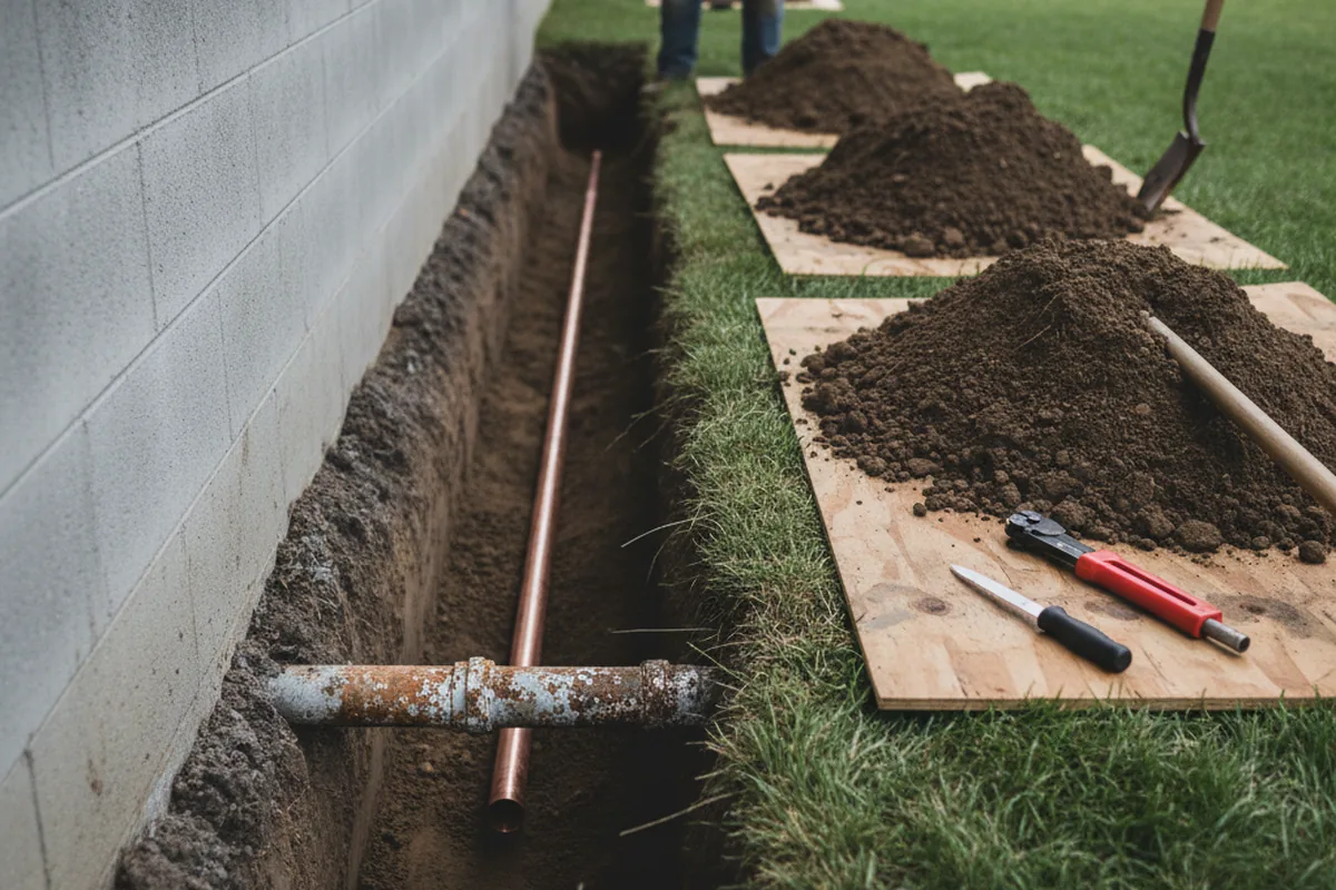 Excavated water line trench during Water Heater Repair in Palo Verde